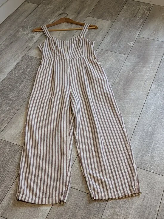 Linen Blend Striped Wide Leg Jumpsuit Smocked Back Coastal Fit & Flare M - Picture 8 of 13